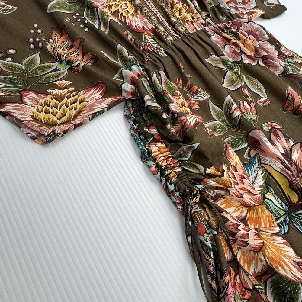Farm Rio Anthropologie Valentina Floral Maxi Dress M Brown Boho Kimono Sleeve - Picture 6 of 14
